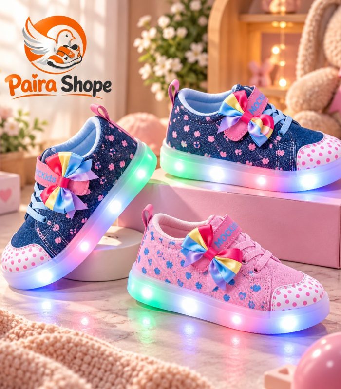 Blue and pink girls LED light-up bow sneakers