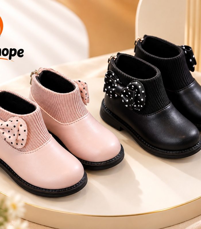 Girls pink and black bow ankle boots