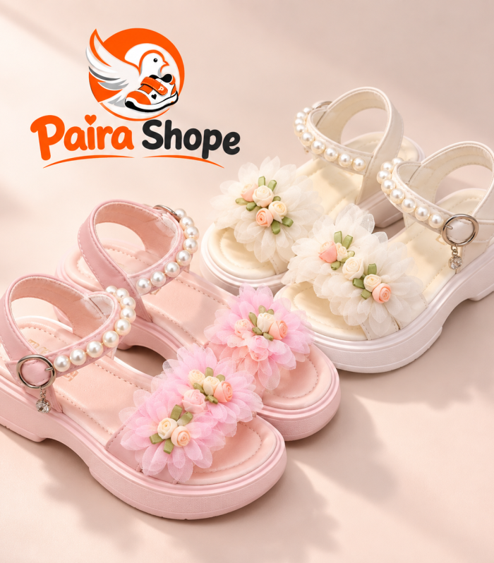 Girls flower princess sandals in Pink and Beige White