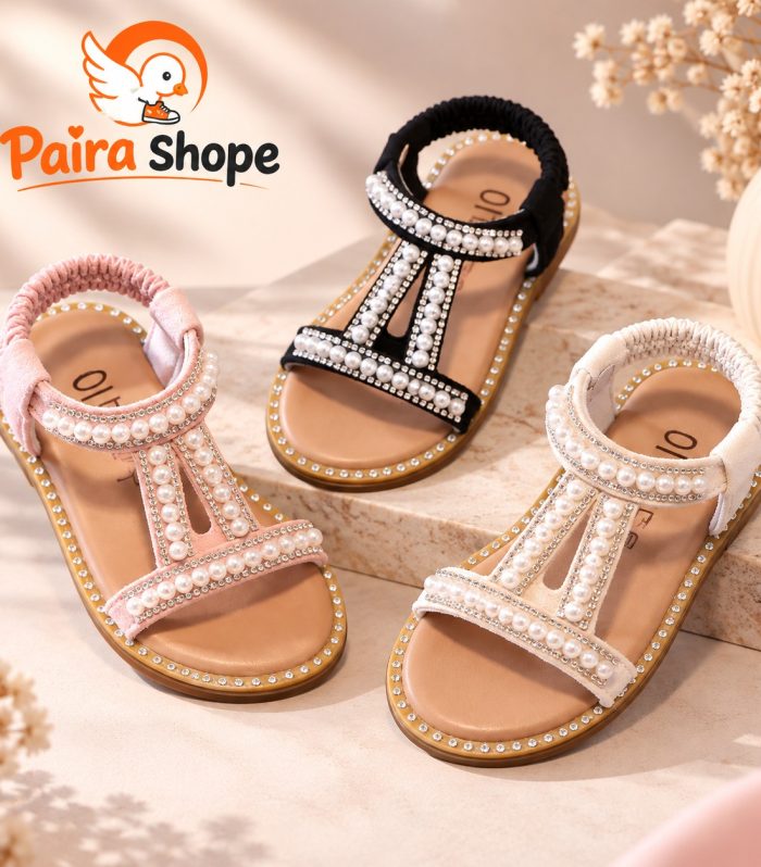 Girls pearl beaded princess sandals in black beige and pink
