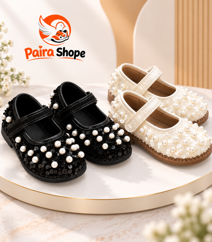 Girls party shoes in black and white with sequins and faux pearls, Paira Shope