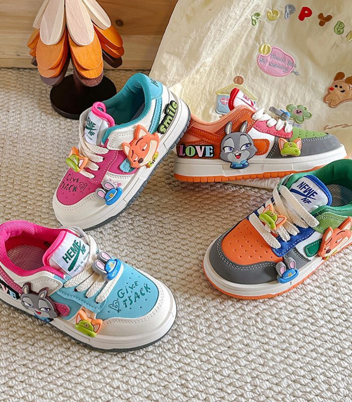 Kids cartoon sneakers in orange and blue with fox and bunny patches, Paira Shope